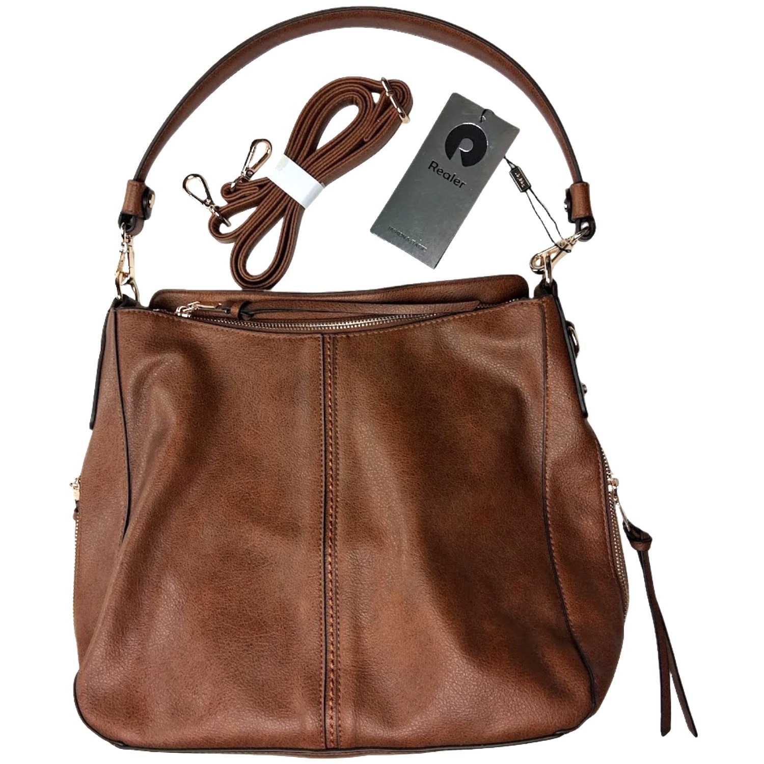 Realer Brown Faux Leather Hobo Shoulder Bag Side Pockets Extra Strap Zip Nwt